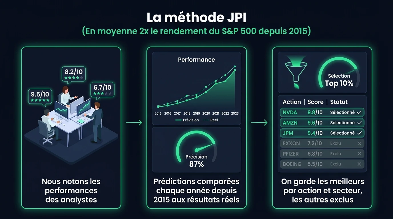 La méthode JPI : on note la performance des analystes, on compare leurs prédictions depuis 2015 aux résultats réels, on garde les meilleurs par action et secteur.